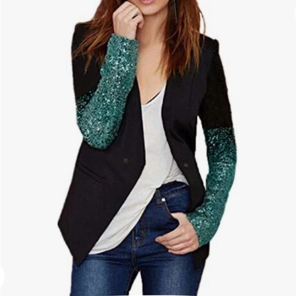 Auxo Women's Blazer Jacket Sparkle Sequin Button Long Sleeve Suit Top Coat green